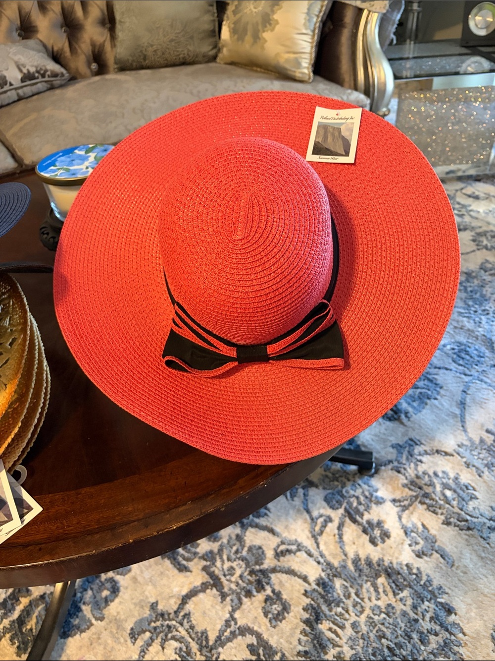 Wide Brim Sun Hat with Black Bow - Red